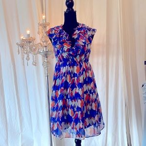 Gracia, silk / blue bird print dress M, NWT